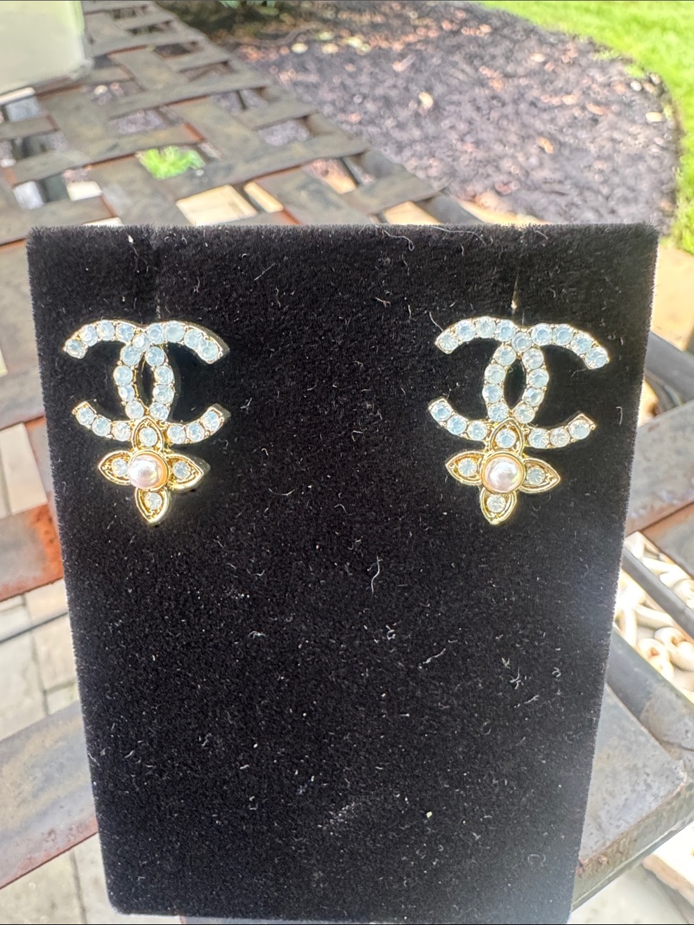 Earrings Gold Tone Crystal Drop Earrings in Light Blue and Pearl